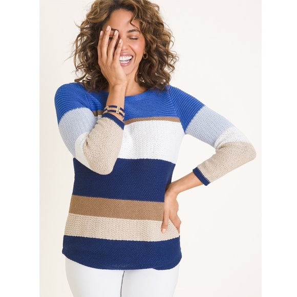 Chico’s Striped Textured Pullover Sweater Blue Tan White - Picture 1 of 10